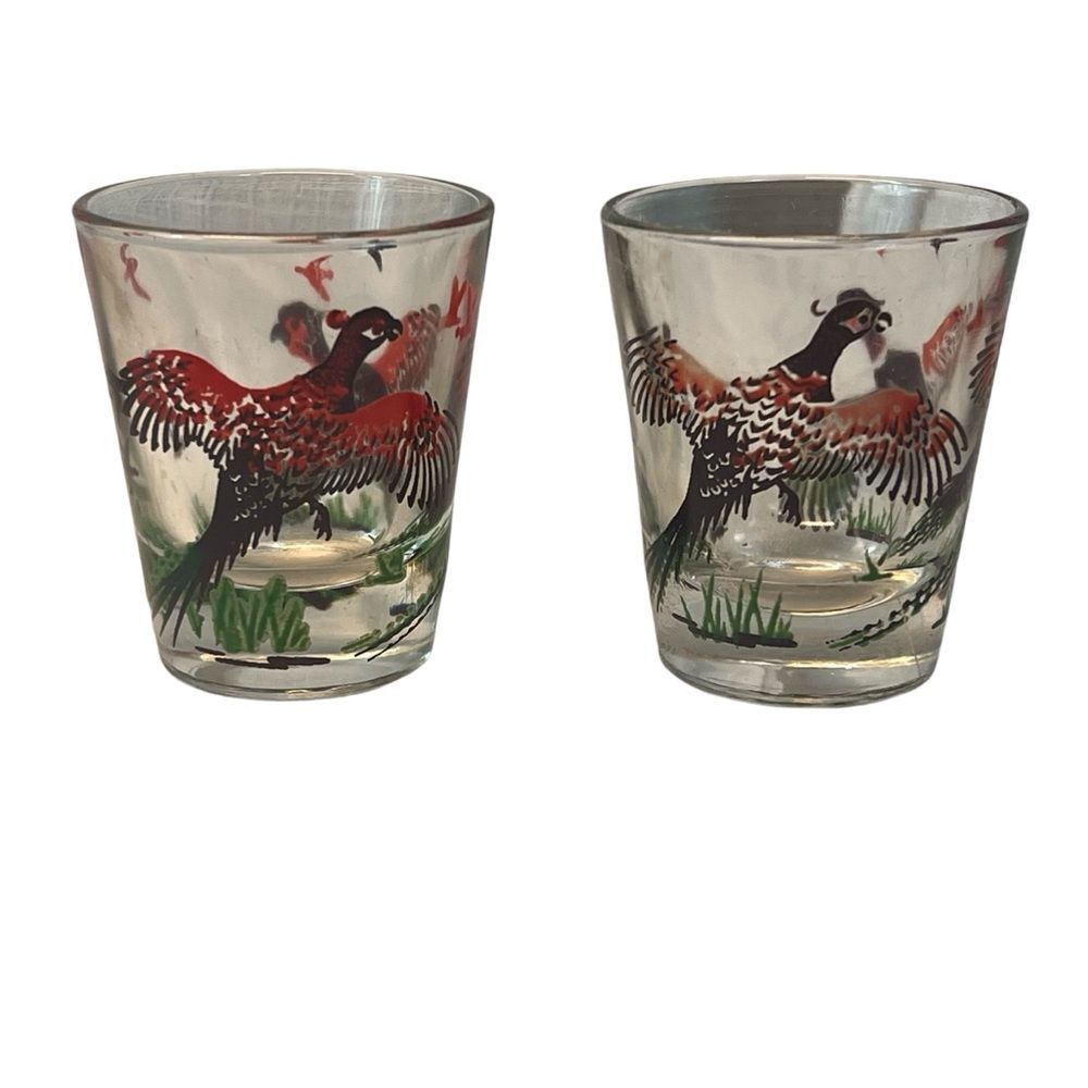 Vintage 2 Hazel Atlas Pheasant Shot Glasses Barware Hunting Lodge Man Cave MCM